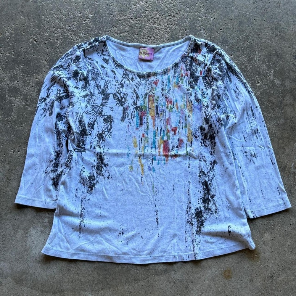 Vtg Mykonos Top Women L White Excellent Y2K Abstract Graphic 3/4 Sleeve Art
